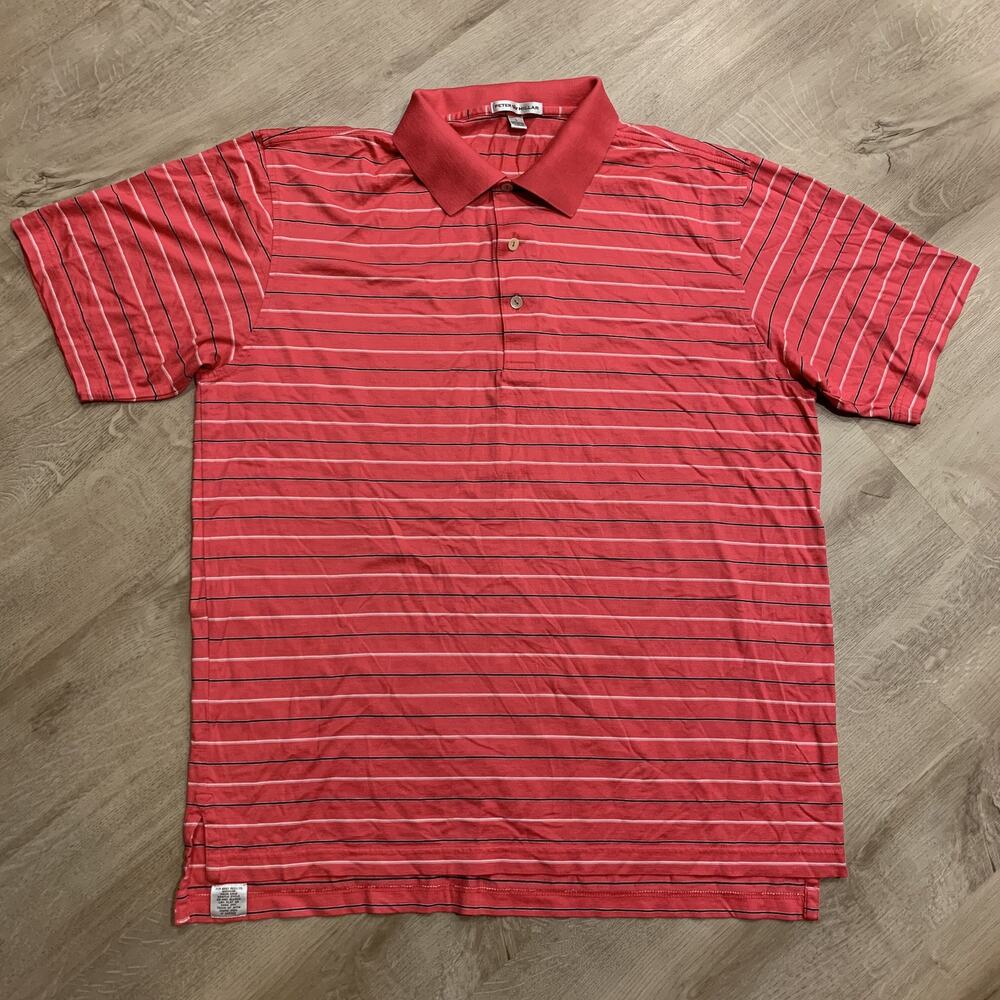 Peter Millar Polo Shirt Men's Large L Coral Red Striped 100% Cotton Golf Casual